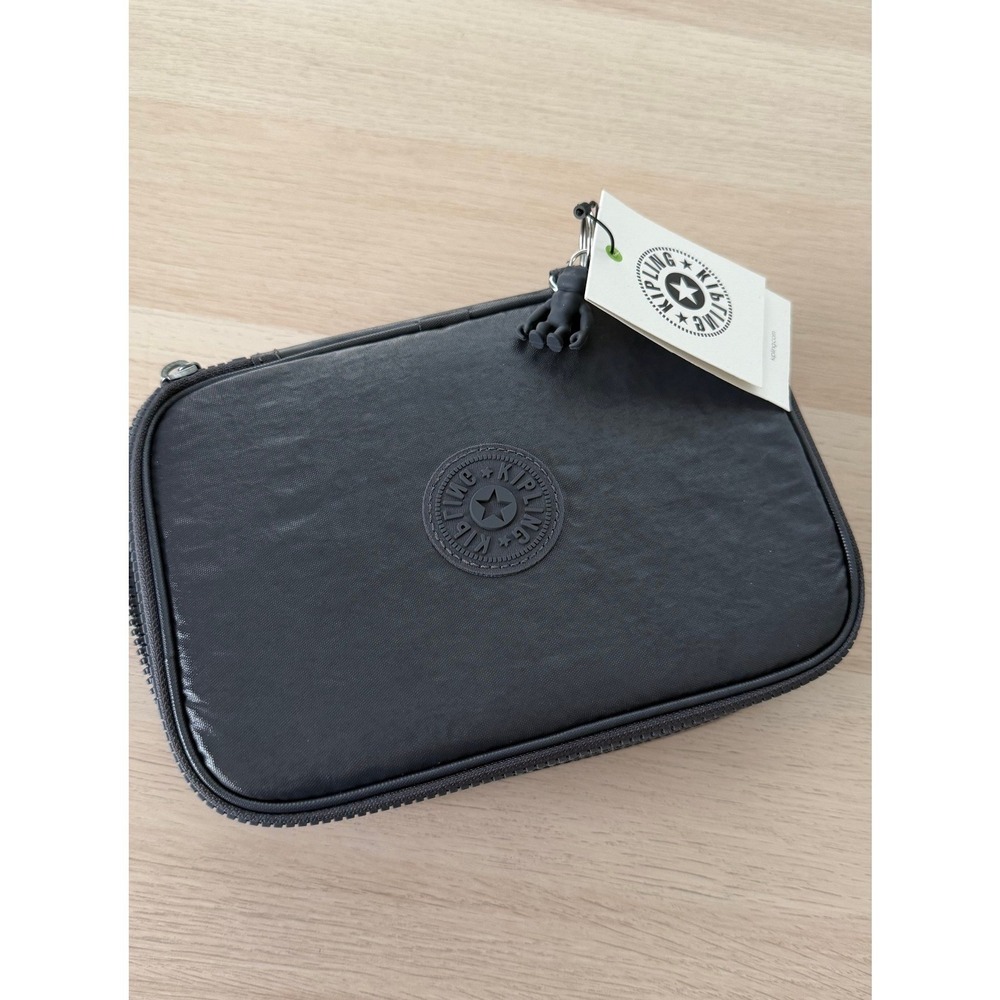 Kipling 100 Pens Case Black Metallic Nylon Pencil Pouch Makeup Brush Organizer